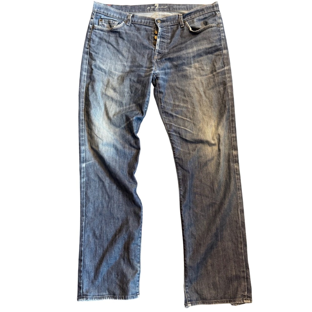 7 For All Mankind Standard Mens Straight Leg Jeans Blue Distressed Button Fly
